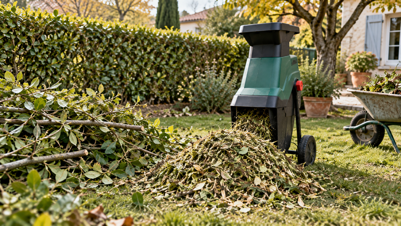 Tas de broyat de branches à côté d'un broyeur de végétaux