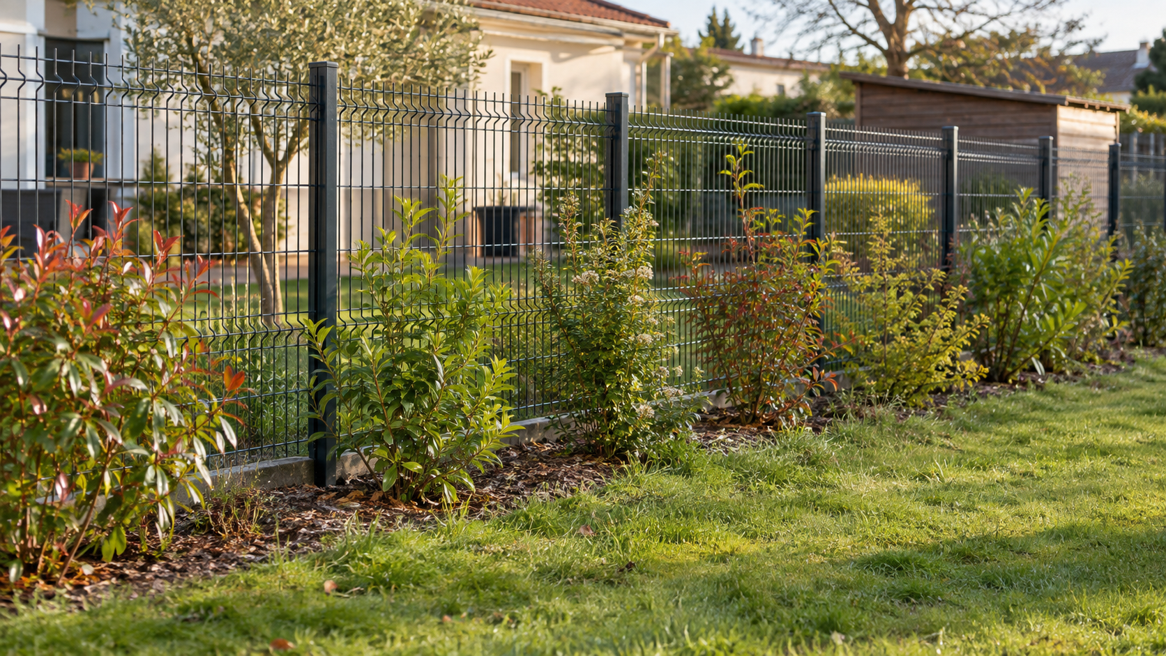Clôture de jardin en grillage rigide doublée d'une jeune haie