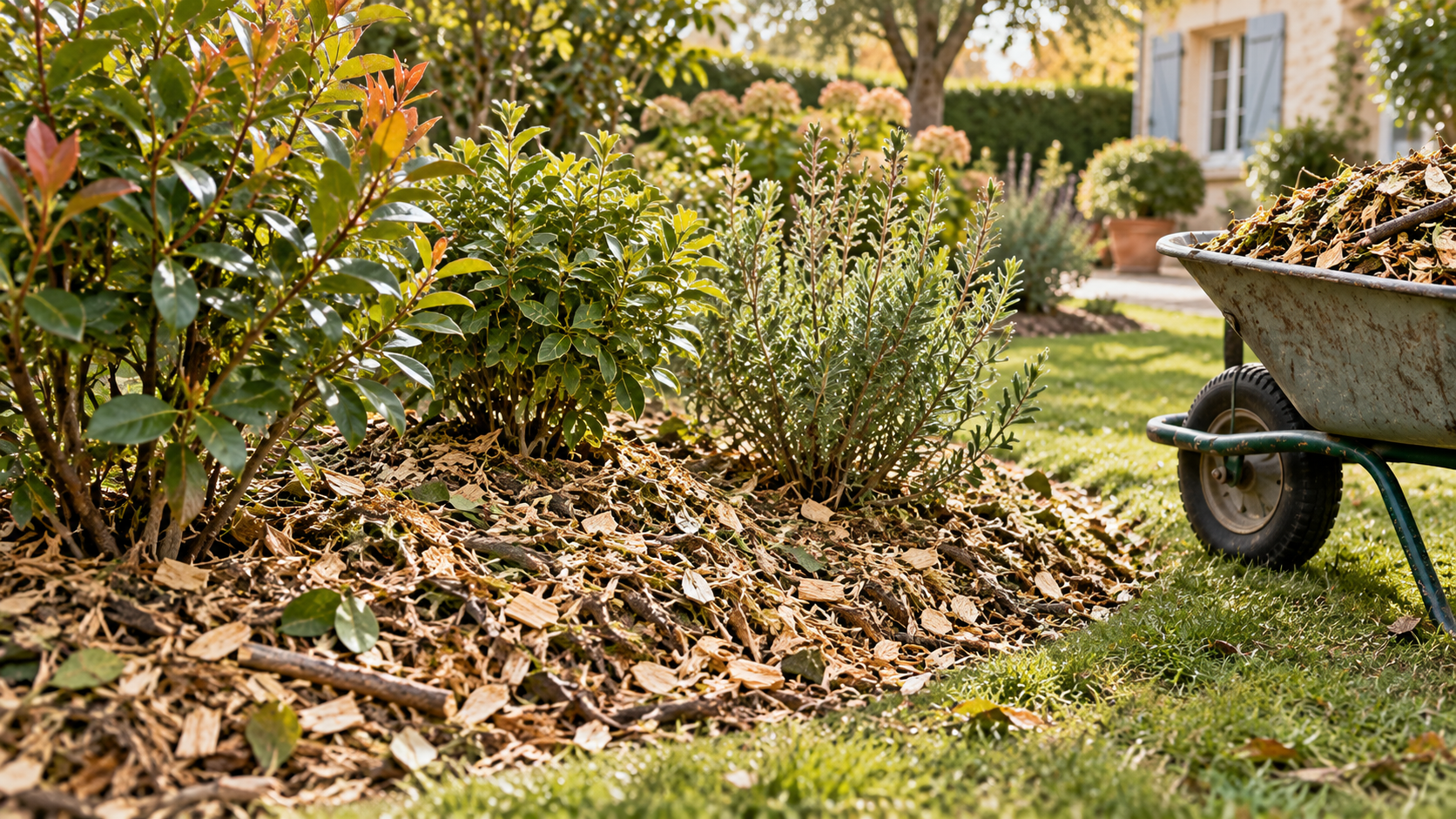 Paillage du jardin avec du broyat de branches au pied des arbustes