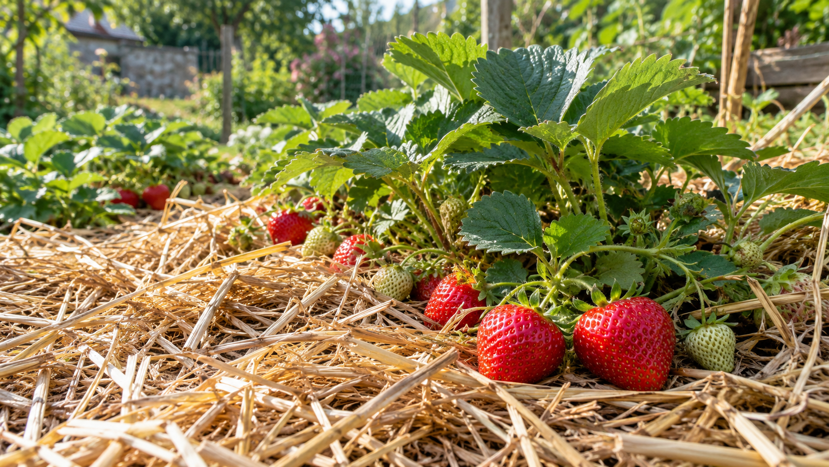 Paillage du jardin avec de la paille au pied des fraisiers