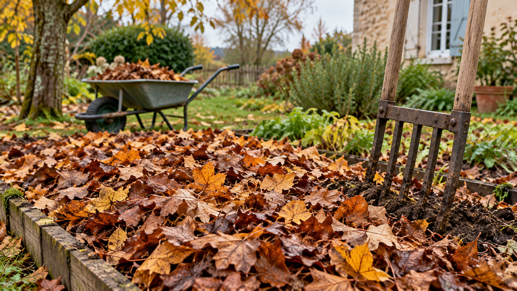 Planche de légumes couverte de feuilles mortes avant l'hiver
