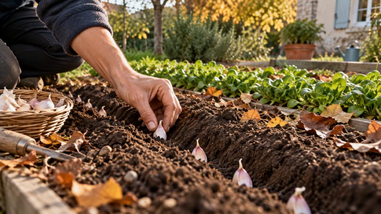Plantation d'ail dans un potager en automne