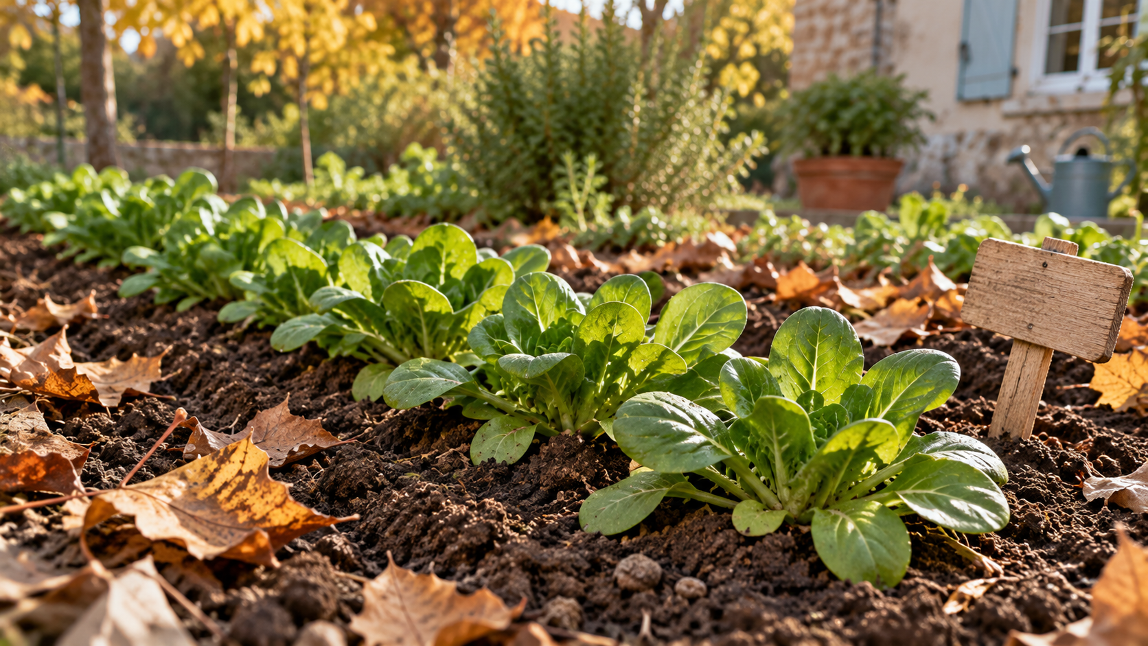 Rang de mâche semé au potager en automne