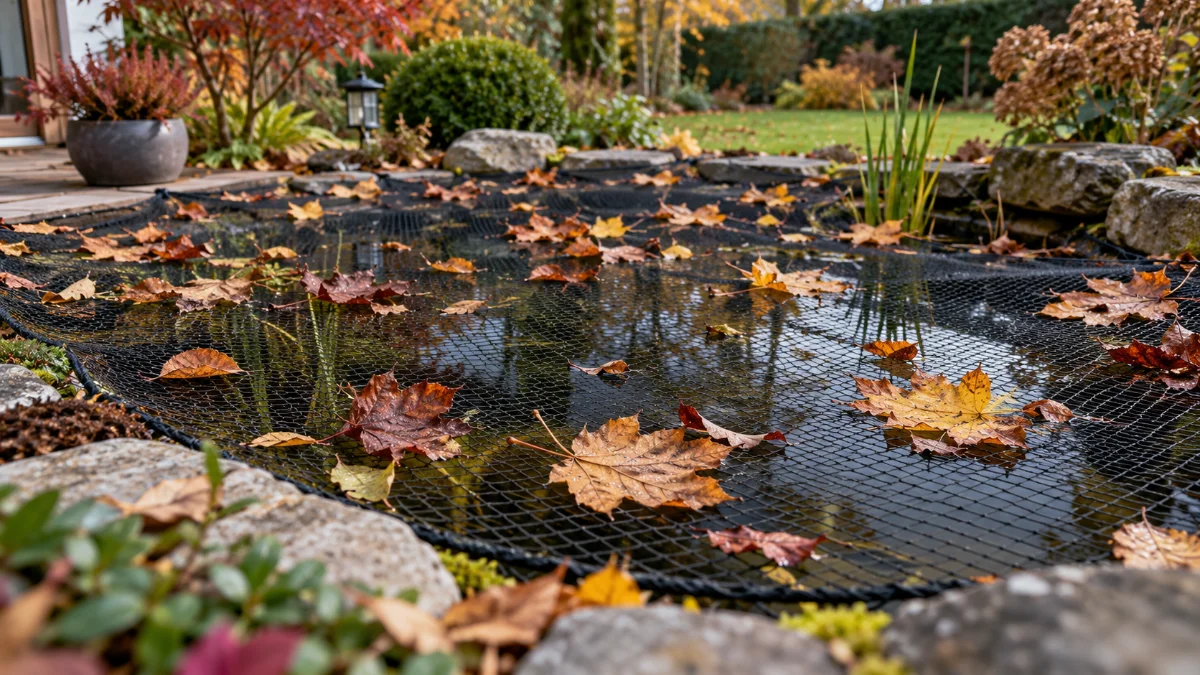 Filet tendu sur un bassin de jardin contre les feuilles mortes