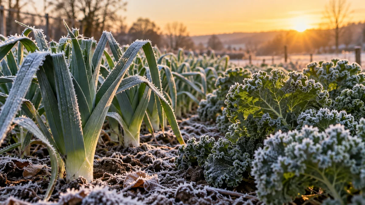 Poireaux et choux kale givrés au potager en hiver