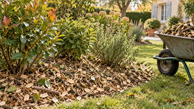 Paillage du jardin avec du broyat de branches au pied des arbustes