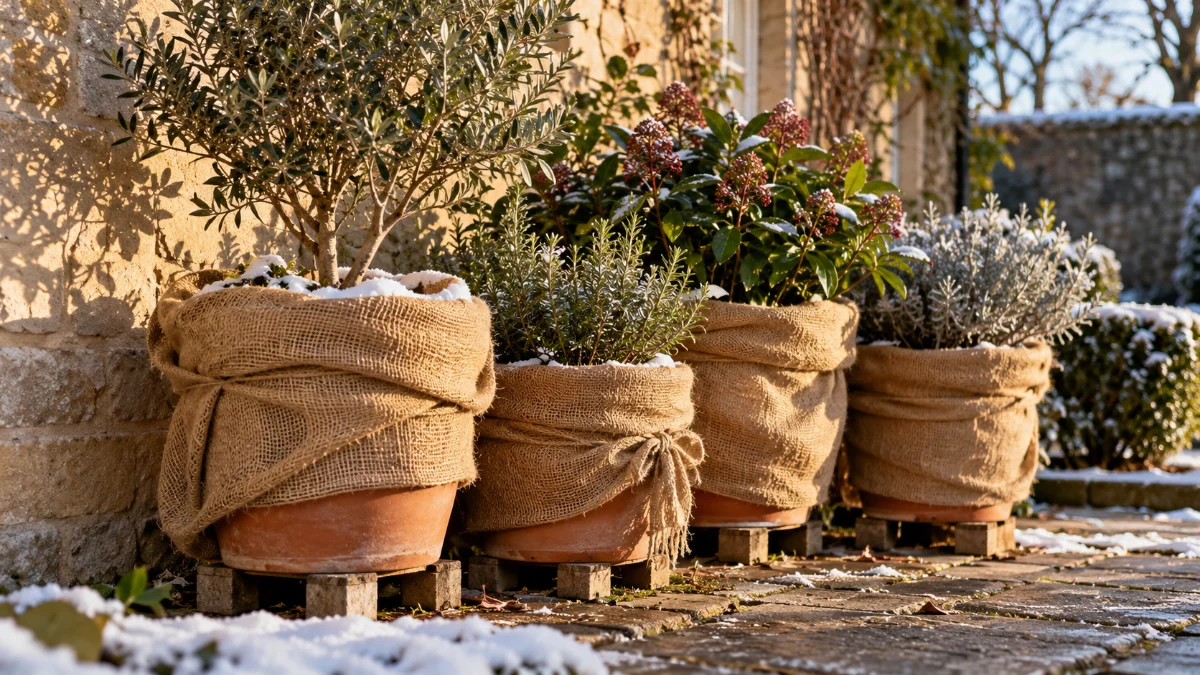 Pots de jardin emballés de toile de jute pour protéger les plantes du gel