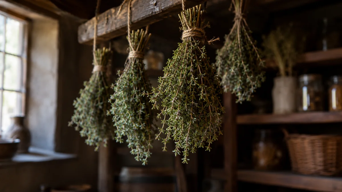 Bouquets de thym qui sèchent à l'ombre pour la tisane de thym